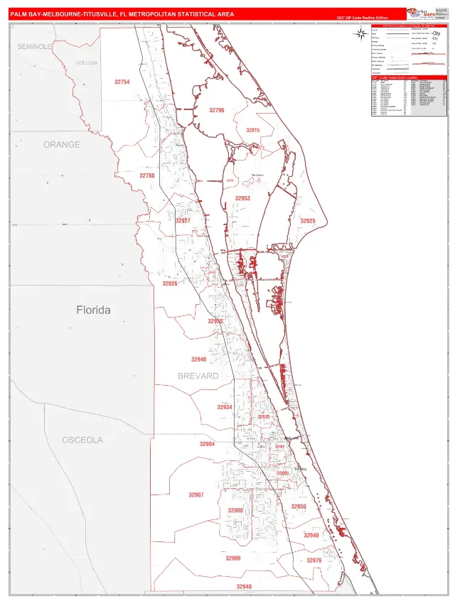 Palm Bay-Melbourne-Titusville Metro Area ZIP Code Wall Map, RedLine style