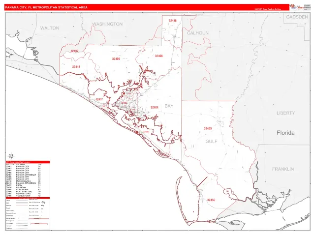 Panama City Metro Area ZIP Code Wall Map, RedLine style