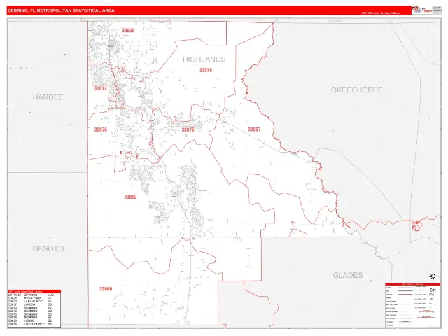 Sebring Metro Area ZIP Code Wall Map, RedLine style
