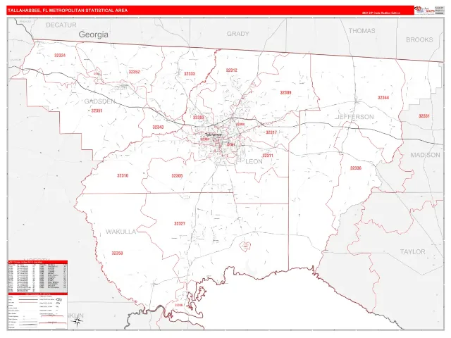 Tallahassee Metro Area ZIP Code Wall Map, RedLine style