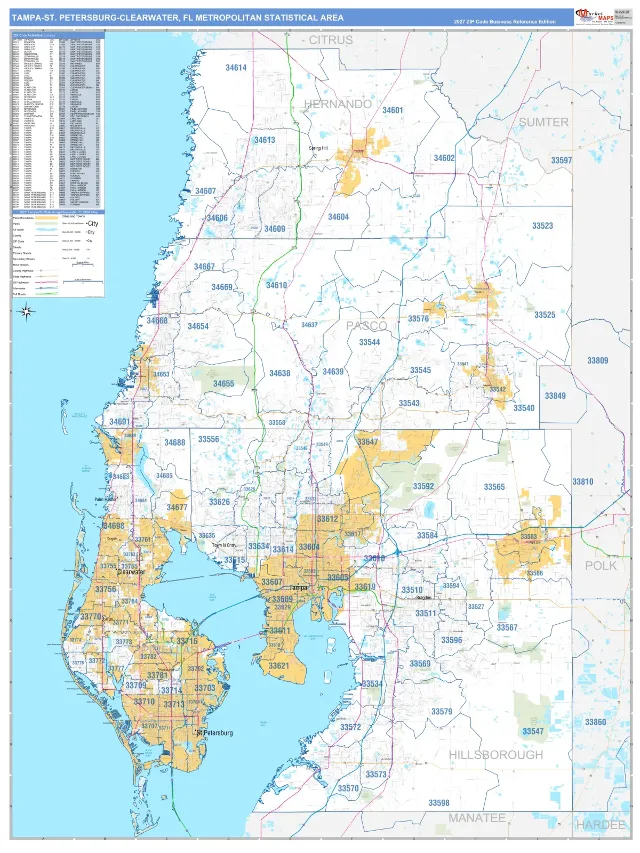 Tampa-St. Petersburg-Clearwater Metro Area ZIP Code Wall Map, Business Reference style