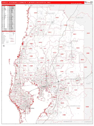 Tampa-St. Petersburg-Clearwater Metro Area RedLine style ZIP Code wall map