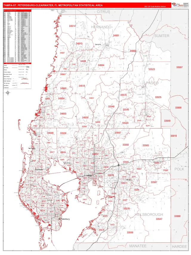 Tampa-St. Petersburg-Clearwater Metro Area ZIP Code Wall Map, RedLine style