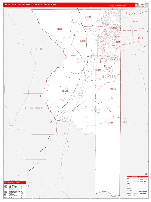 The Villages Metro Area ZIP Code Wall Map, RedLine style