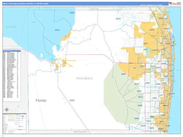 West Palm Beach-Boca Raton Metro Area ZIP Code Wall Map, Business Reference style