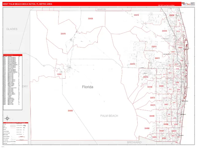 West Palm Beach-Boca Raton Metro Area ZIP Code Wall Map, RedLine style
