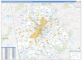 Atlanta-Sandy Springs-Roswell Metro Area Business Reference style ZIP Code wall map