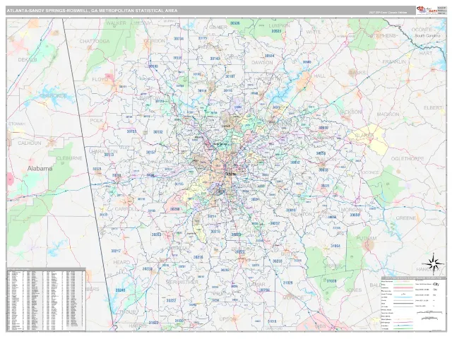 Atlanta-Sandy Springs-Roswell Metro Area ZIP Code Wall Map, Classic style