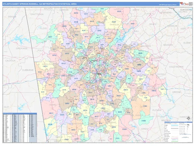 Atlanta-Sandy Springs-Roswell Metro Area ZIP Code Wall Map, ColorCast style