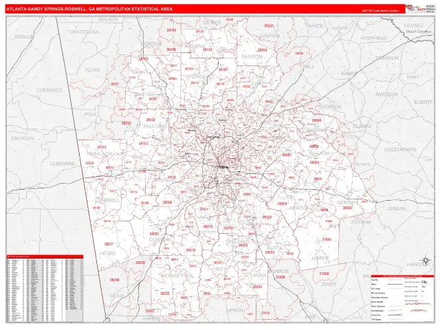 Atlanta-Sandy Springs-Roswell Metro Area ZIP Code Wall Map, RedLine style