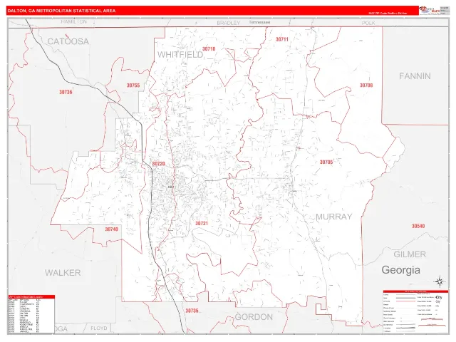 Dalton Metro Area ZIP Code Wall Map, RedLine style