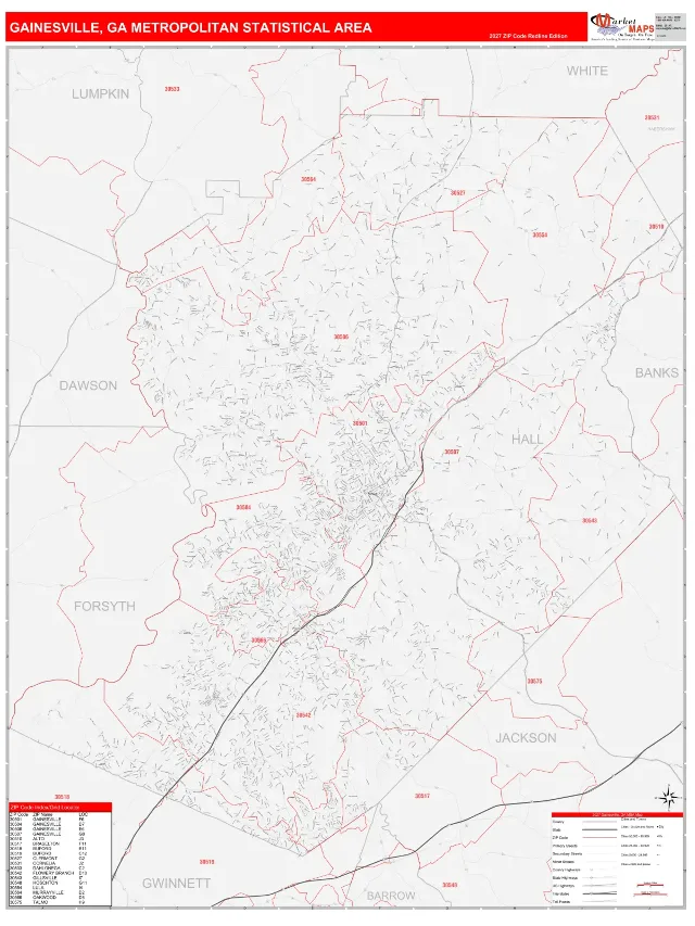 Gainesville Metro Area ZIP Code Wall Map, RedLine style