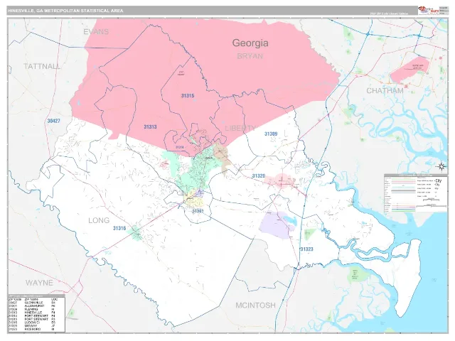 Hinesville Metro Area ZIP Code Wall Map, Classic style