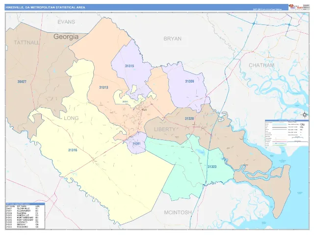 Hinesville Metro Area ZIP Code Wall Map, ColorCast style