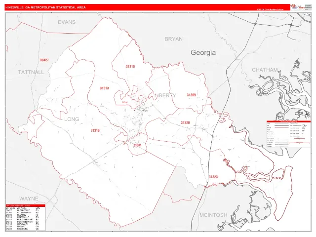 Hinesville Metro Area ZIP Code Wall Map, RedLine style