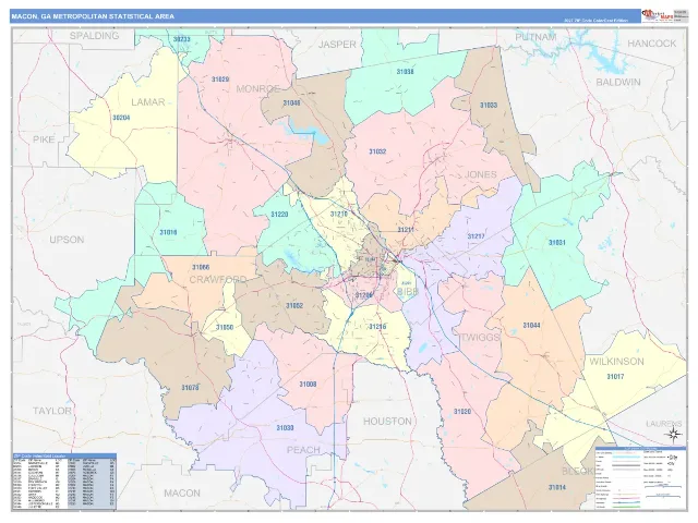 Macon Metro Area ZIP Code Wall Map, ColorCast style