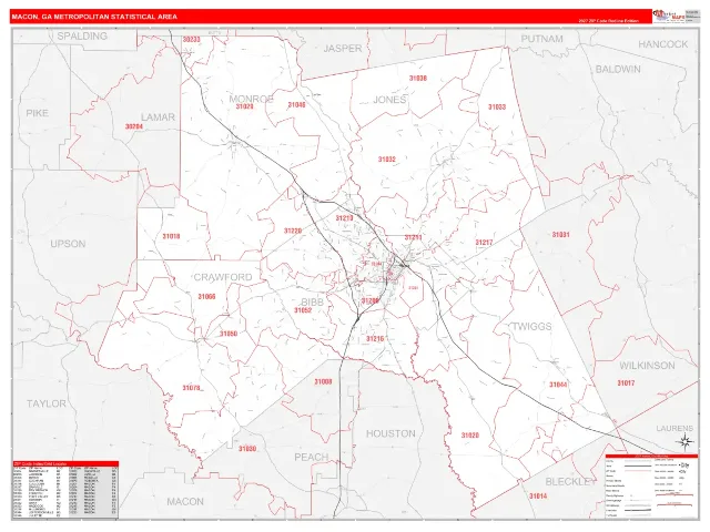 Macon Metro Area ZIP Code Wall Map, RedLine style