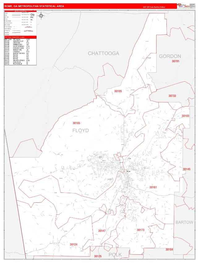 Rome Metro Area ZIP Code Wall Map, RedLine style