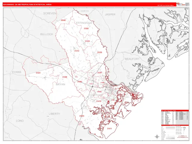 Savannah Metro Area ZIP Code Wall Map, RedLine style