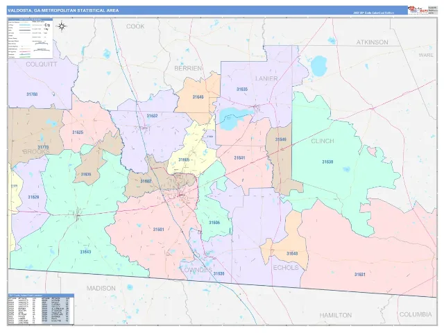 Valdosta Metro Area ZIP Code Wall Map, ColorCast style