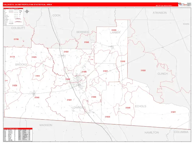Valdosta Metro Area ZIP Code Wall Map, RedLine style