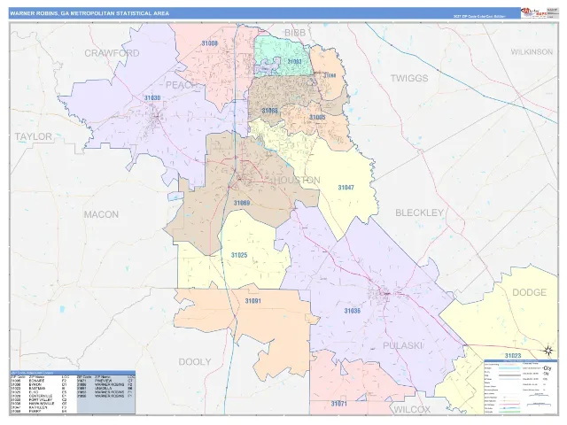 Warner Robins Metro Area ZIP Code Wall Map, ColorCast style