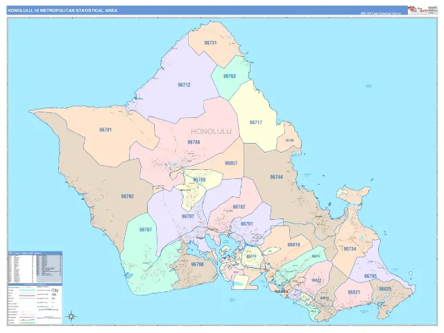 Honolulu Metro Area ZIP Code Wall Map, ColorCast style