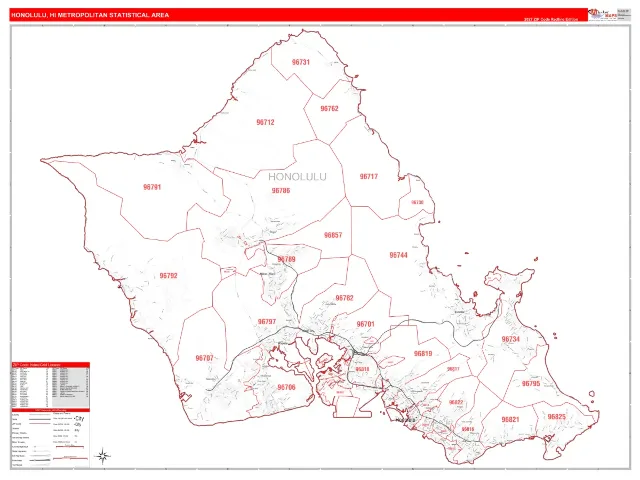 Honolulu Metro Area ZIP Code Wall Map, RedLine style