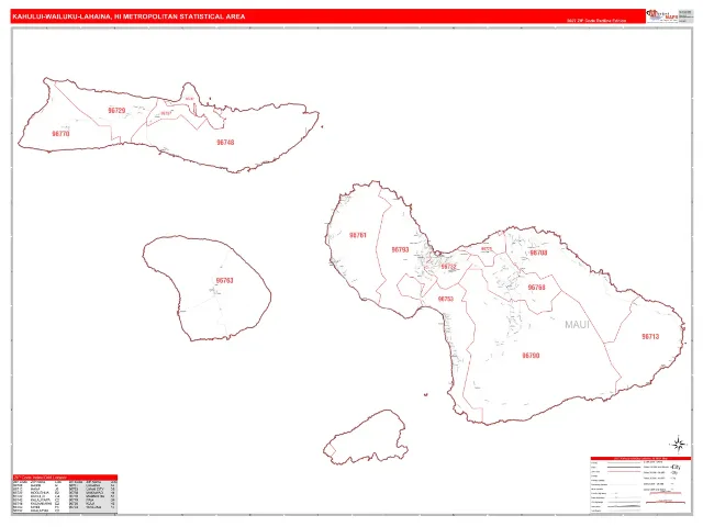Kahului-Wailuku-Lahaina Metro Area ZIP Code Wall Map, RedLine style