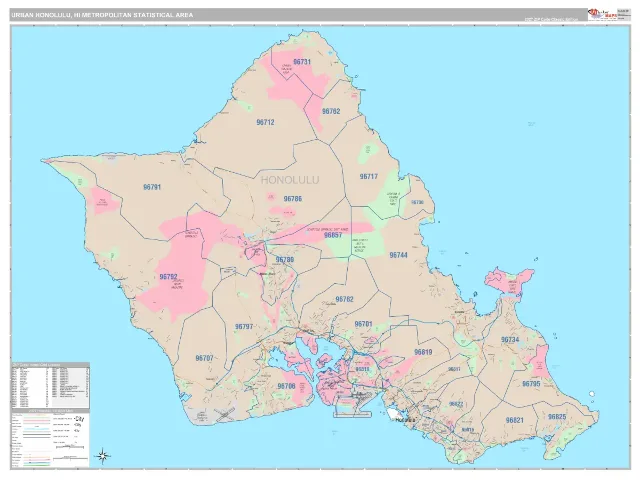Urban Honolulu Metro Area ZIP Code Wall Map, Classic style