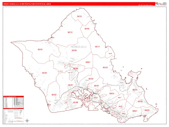Urban Honolulu Metro Area ZIP Code Wall Map, RedLine style
