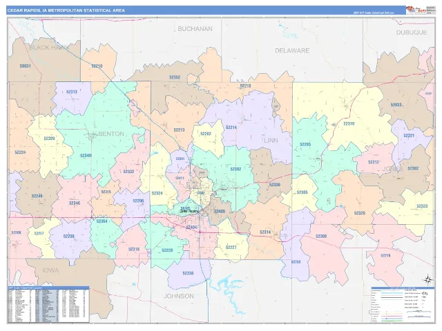 Cedar Rapids Metro Area ZIP Code Wall Map, ColorCast style
