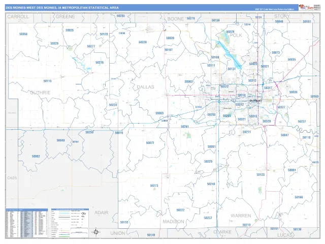 Des Moines-West Des Moines Metro Area ZIP Code Wall Map, Business Reference style