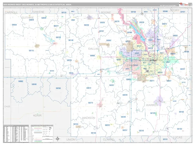 Des Moines-West Des Moines Metro Area ZIP Code Wall Map, Classic style