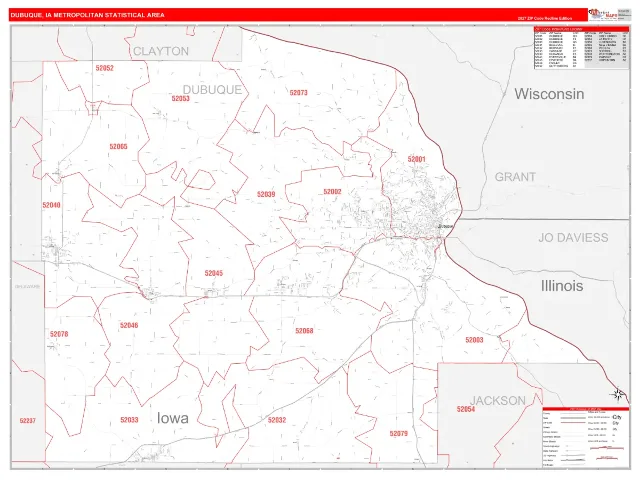 Dubuque Metro Area ZIP Code Wall Map, RedLine style