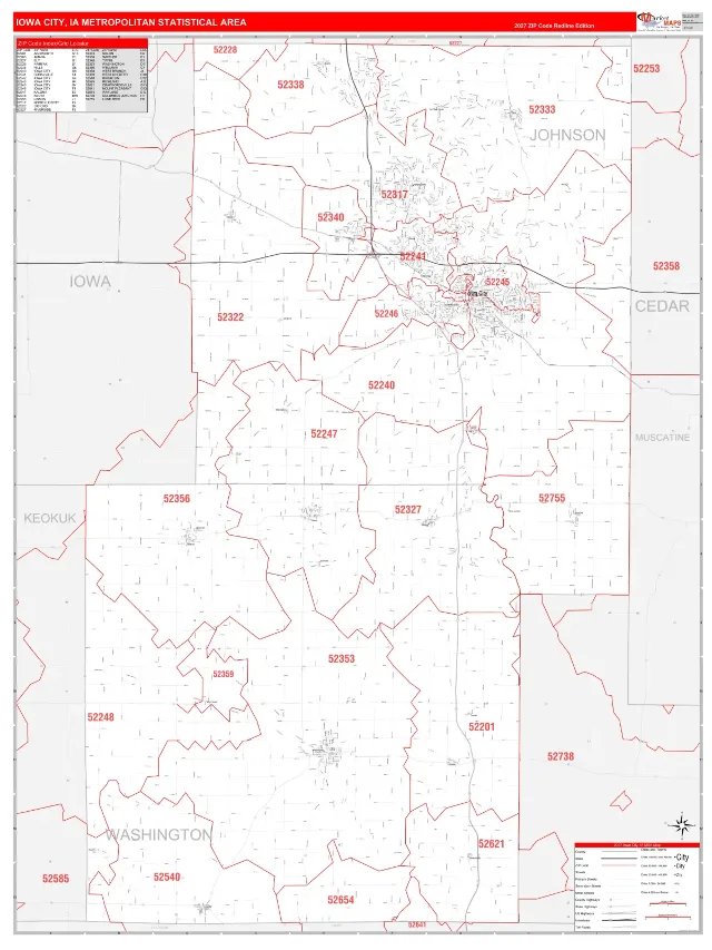 Iowa City Metro Area ZIP Code Wall Map, RedLine style