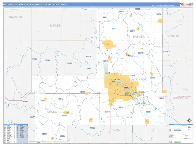 Waterloo-Cedar Falls Metro Area ZIP Code Wall Map, Business Reference style