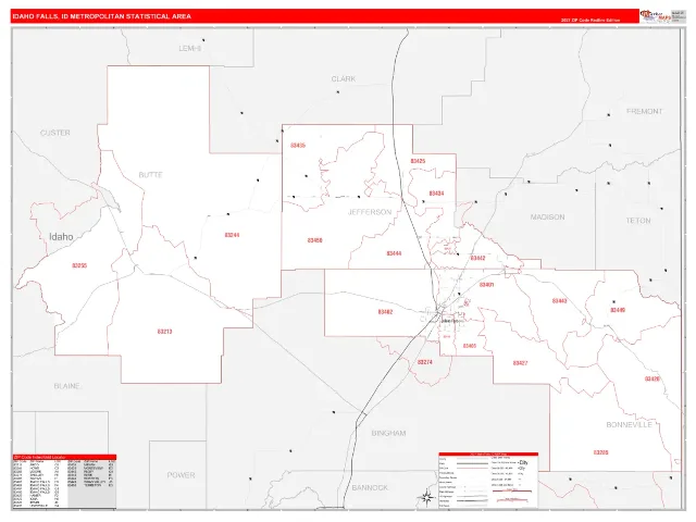 Idaho Falls Metro Area ZIP Code Wall Map, RedLine style