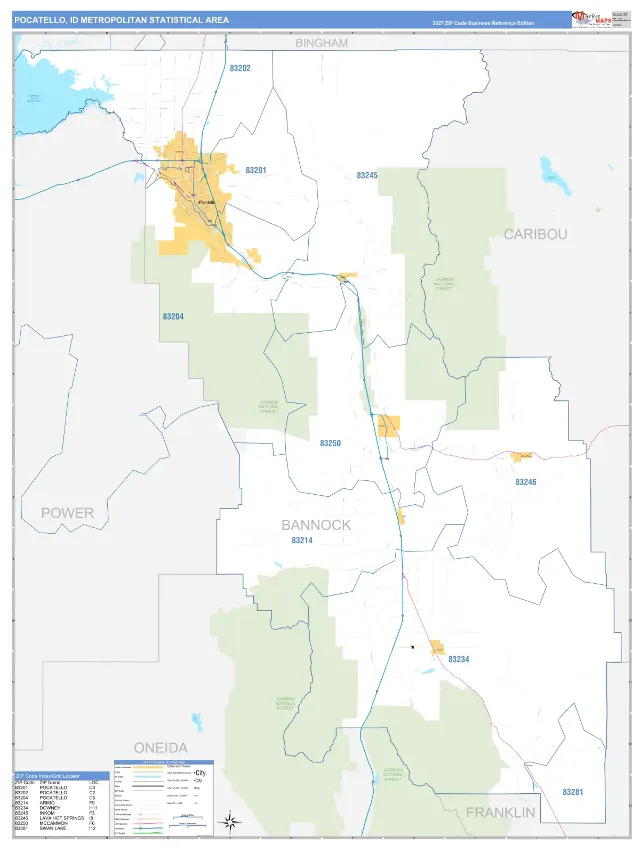Pocatello Metro Area ZIP Code Wall Map, Business Reference style