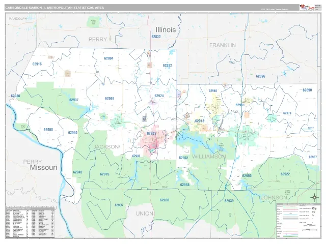 Carbondale-Marion Metro Area ZIP Code Wall Map, Classic style