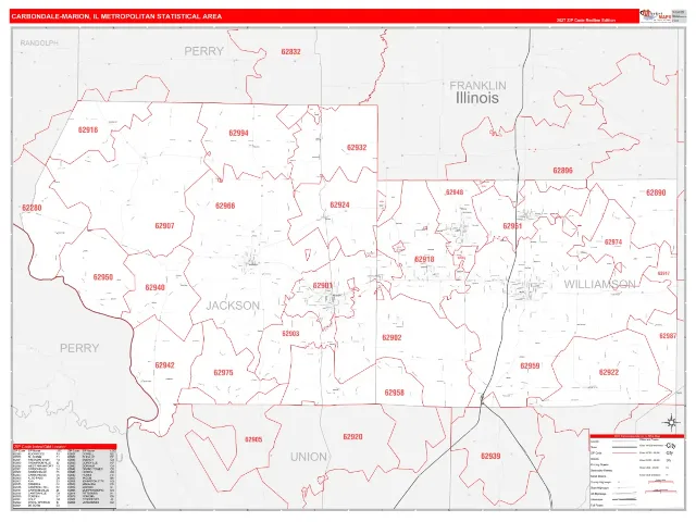 Carbondale-Marion Metro Area ZIP Code Wall Map, RedLine style