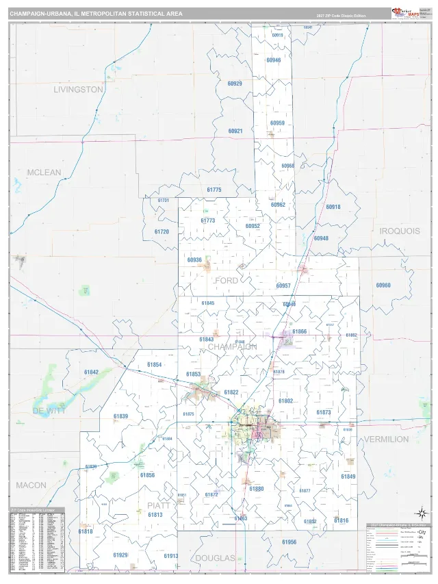 Champaign-Urbana Metro Area ZIP Code Wall Map, Classic style