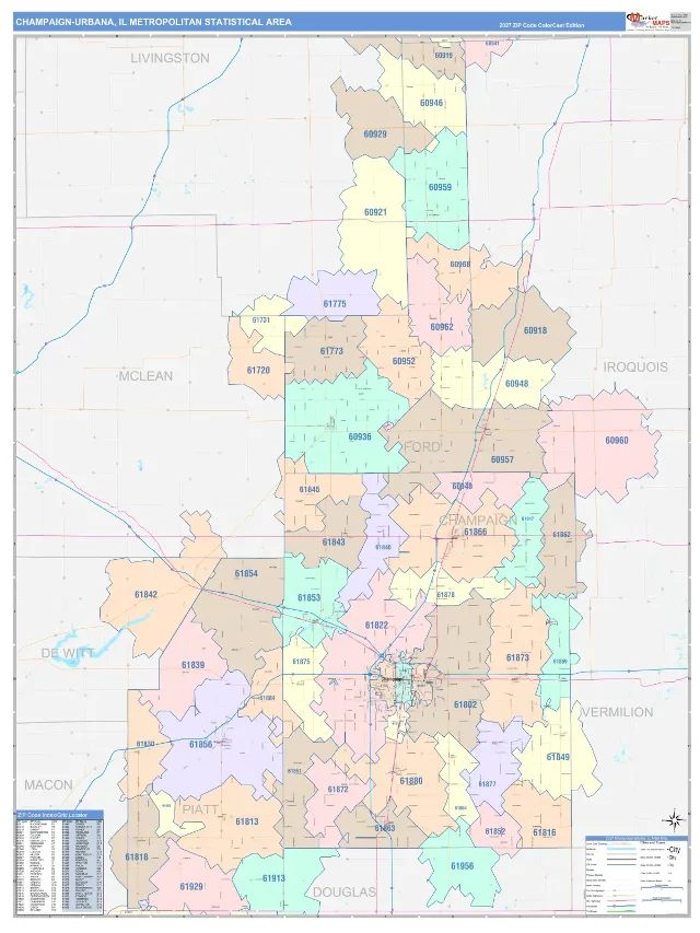 Champaign-Urbana Metro Area ZIP Code Wall Map, ColorCast style
