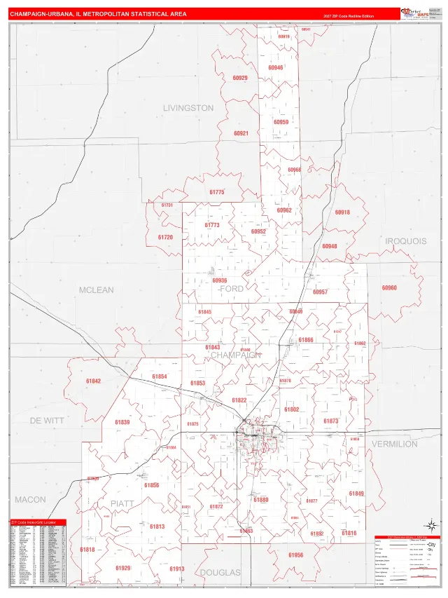 Champaign-Urbana Metro Area ZIP Code Wall Map, RedLine style