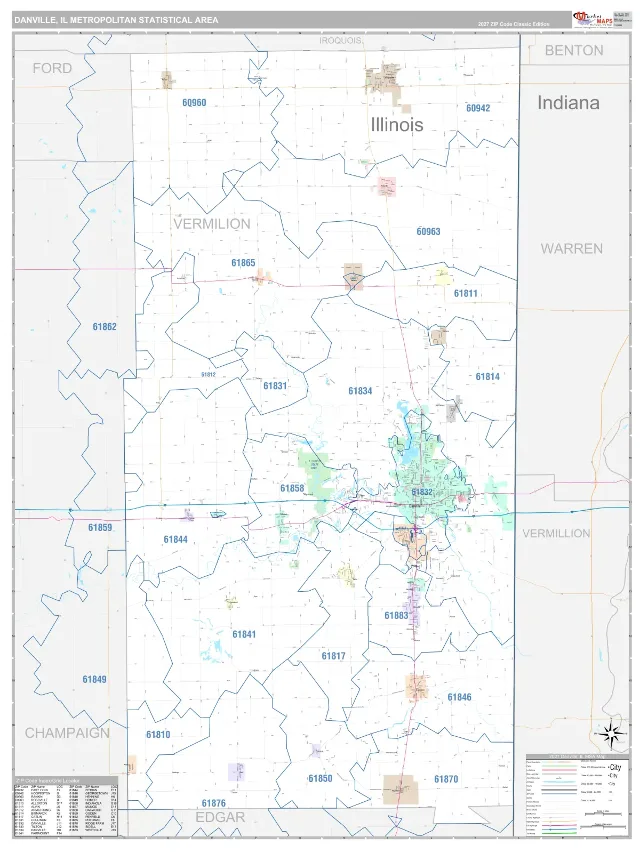 Danville Metro Area ZIP Code Wall Map, Classic style