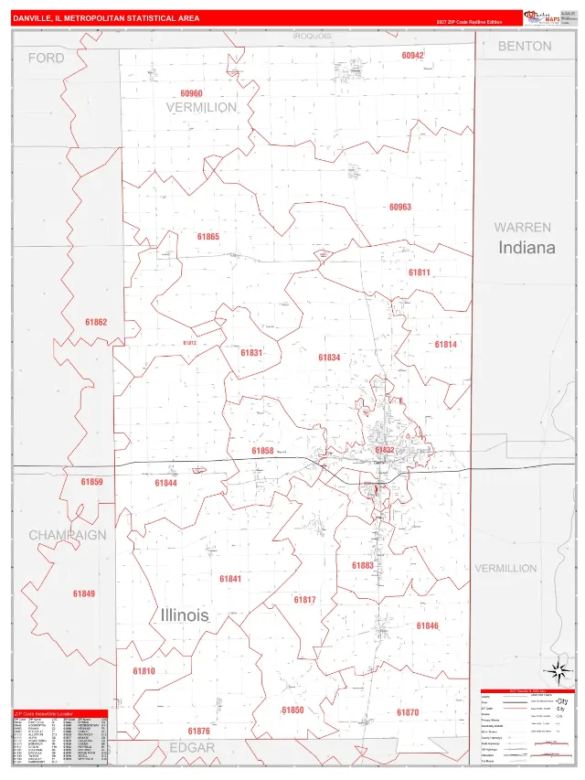 Danville Metro Area ZIP Code Wall Map, RedLine style