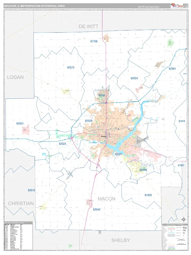 Decatur Metro Area ZIP Code Wall Map, Classic style
