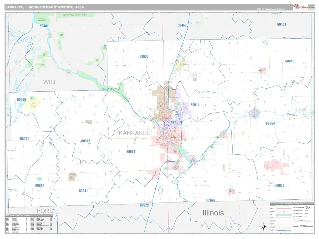 Kankakee Metro Area ZIP Code Wall Map, Classic style