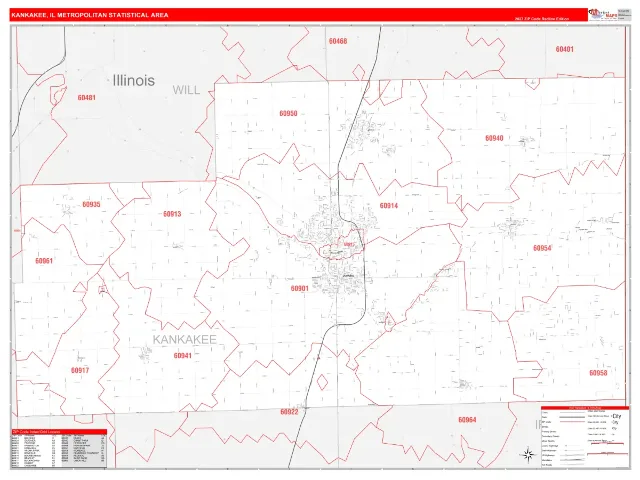 Kankakee Metro Area ZIP Code Wall Map, RedLine style