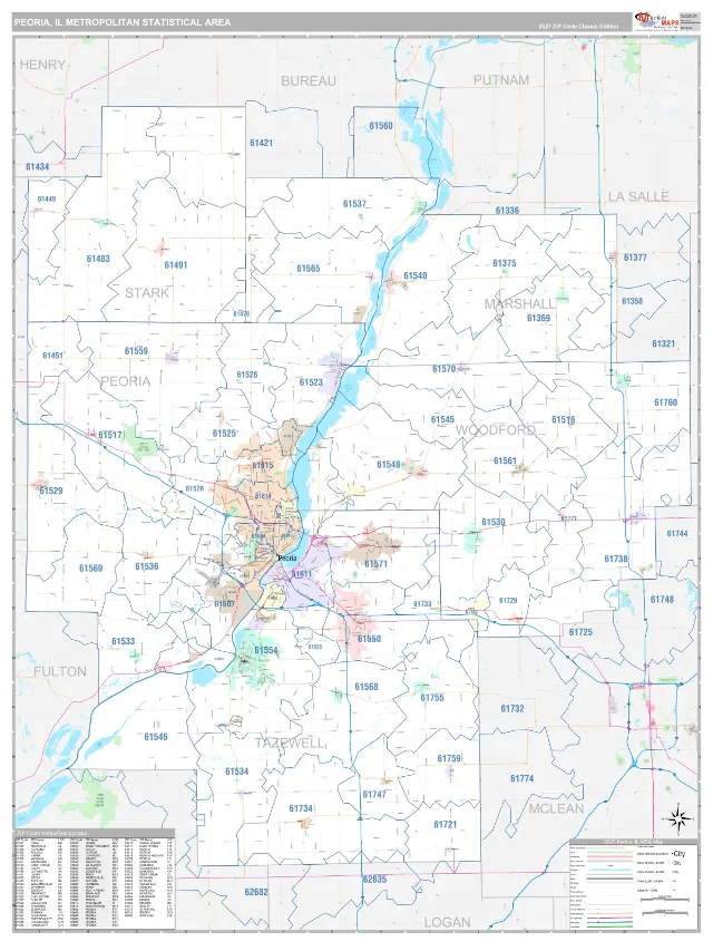 Peoria Metro Area ZIP Code Wall Map, Classic style